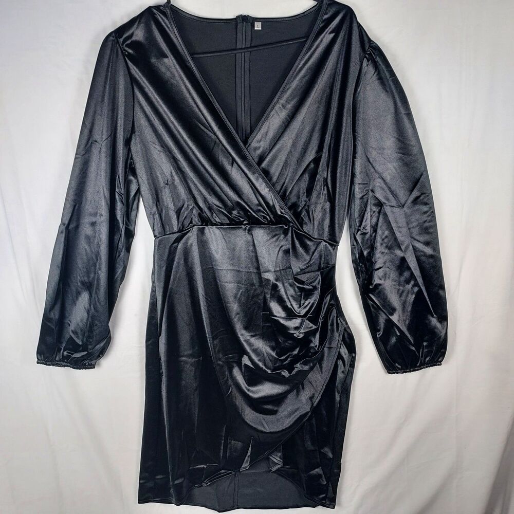Yajedo Satin V-Neck Dress Size Large Black Party/Cocktail Long Sleeve New